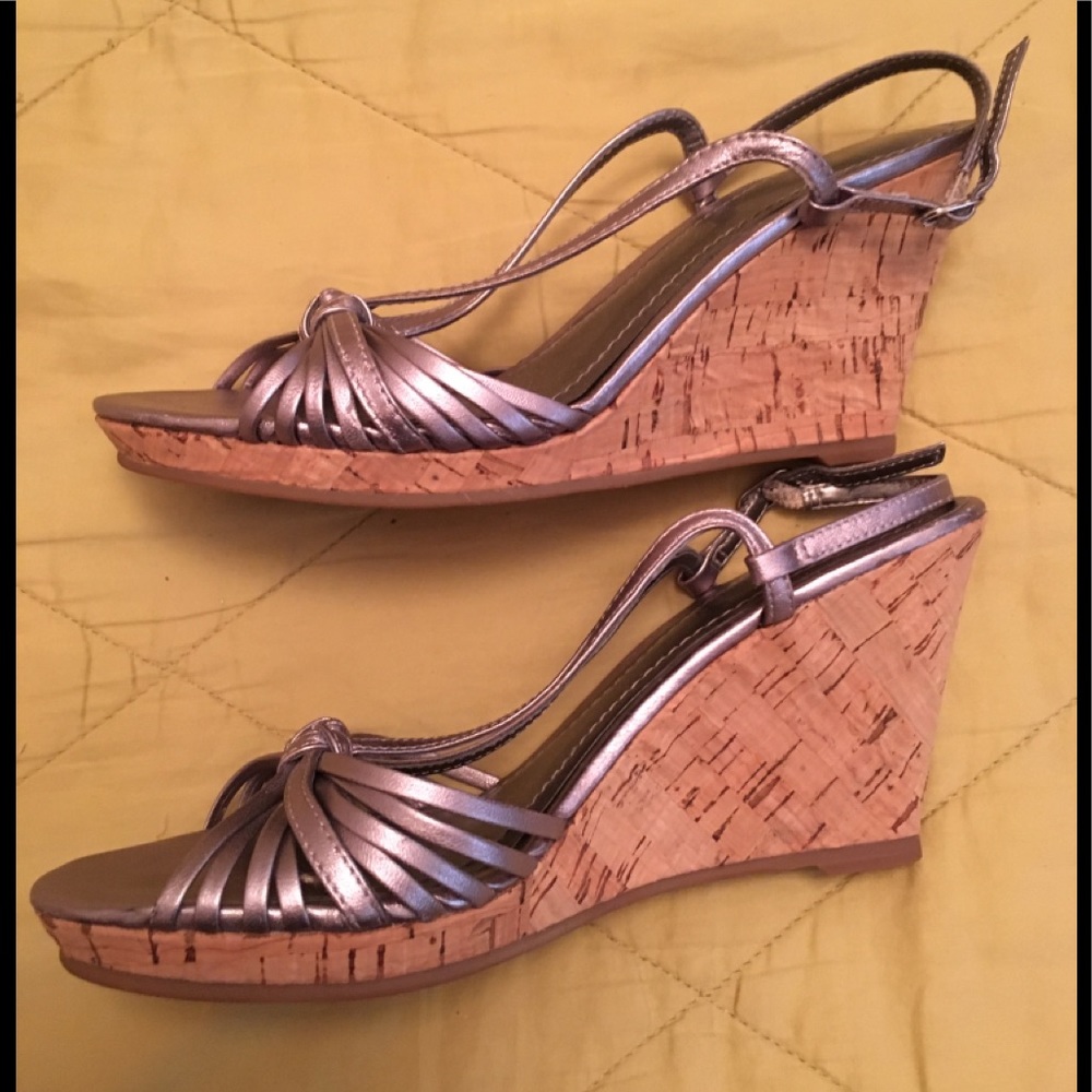 Pewter Silver, strappy dress wedge sandals shoes
